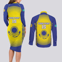 Custom Kazakhstan Football Couples Matching Long Sleeve Bodycon Dress and Long Sleeve Button Shirt Go The Hawks - Wonder Print Shop