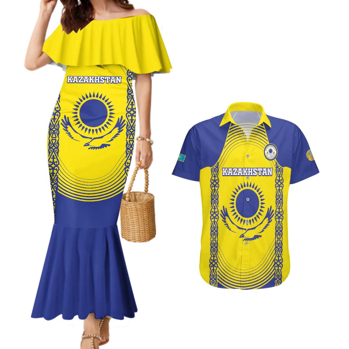 Custom Kazakhstan Football Couples Matching Mermaid Dress and Hawaiian Shirt Go The Hawks - Wonder Print Shop