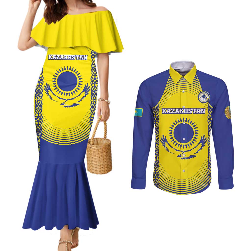 Custom Kazakhstan Football Couples Matching Mermaid Dress and Long Sleeve Button Shirt Go The Hawks