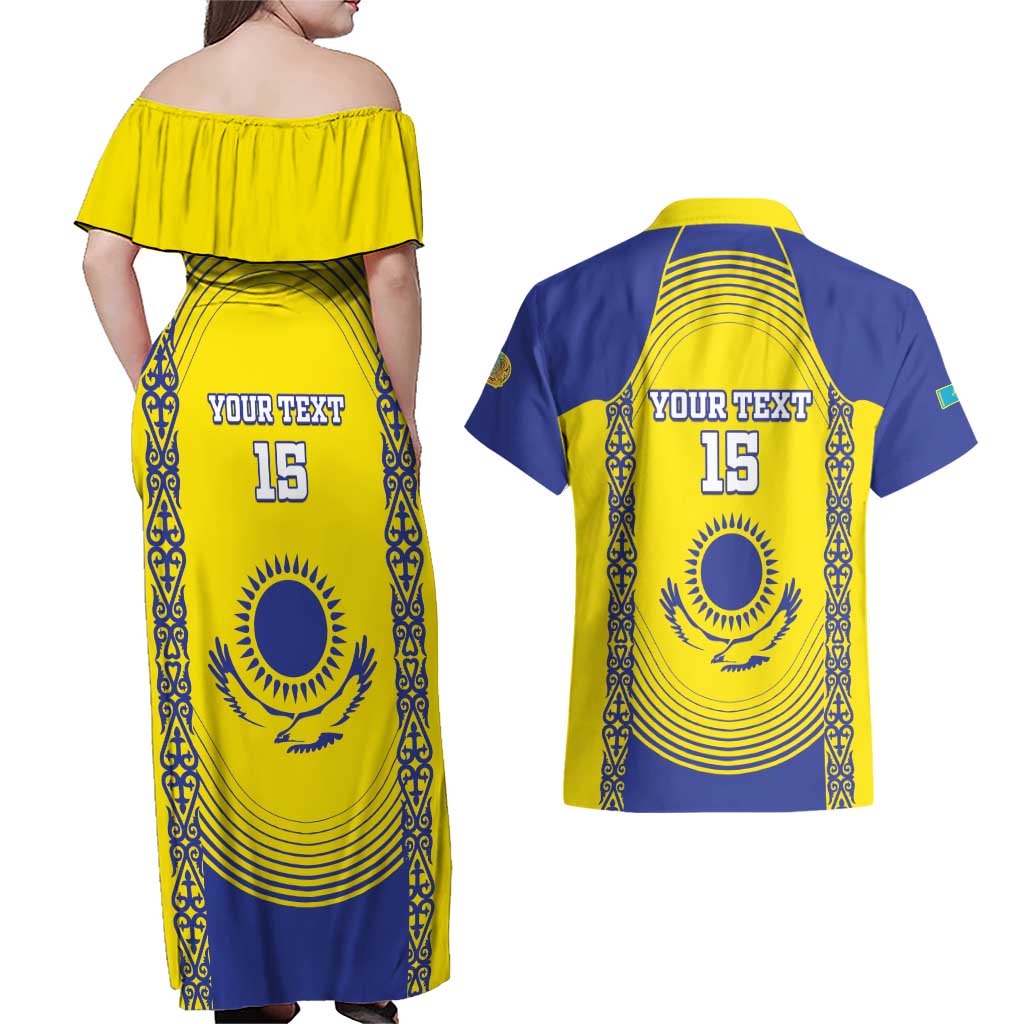 Custom Kazakhstan Football Couples Matching Off Shoulder Maxi Dress and Hawaiian Shirt Go The Hawks - Wonder Print Shop