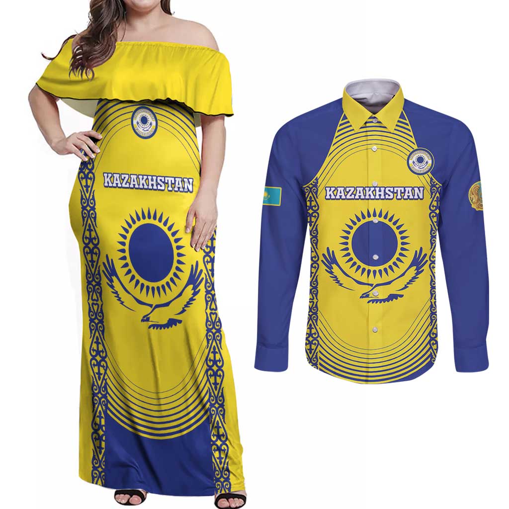 Custom Kazakhstan Football Couples Matching Off Shoulder Maxi Dress and Long Sleeve Button Shirt Go The Hawks - Wonder Print Shop