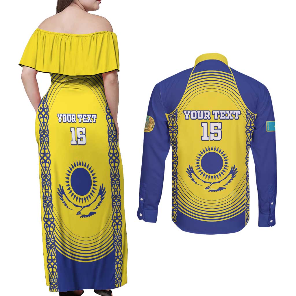 Custom Kazakhstan Football Couples Matching Off Shoulder Maxi Dress and Long Sleeve Button Shirt Go The Hawks - Wonder Print Shop