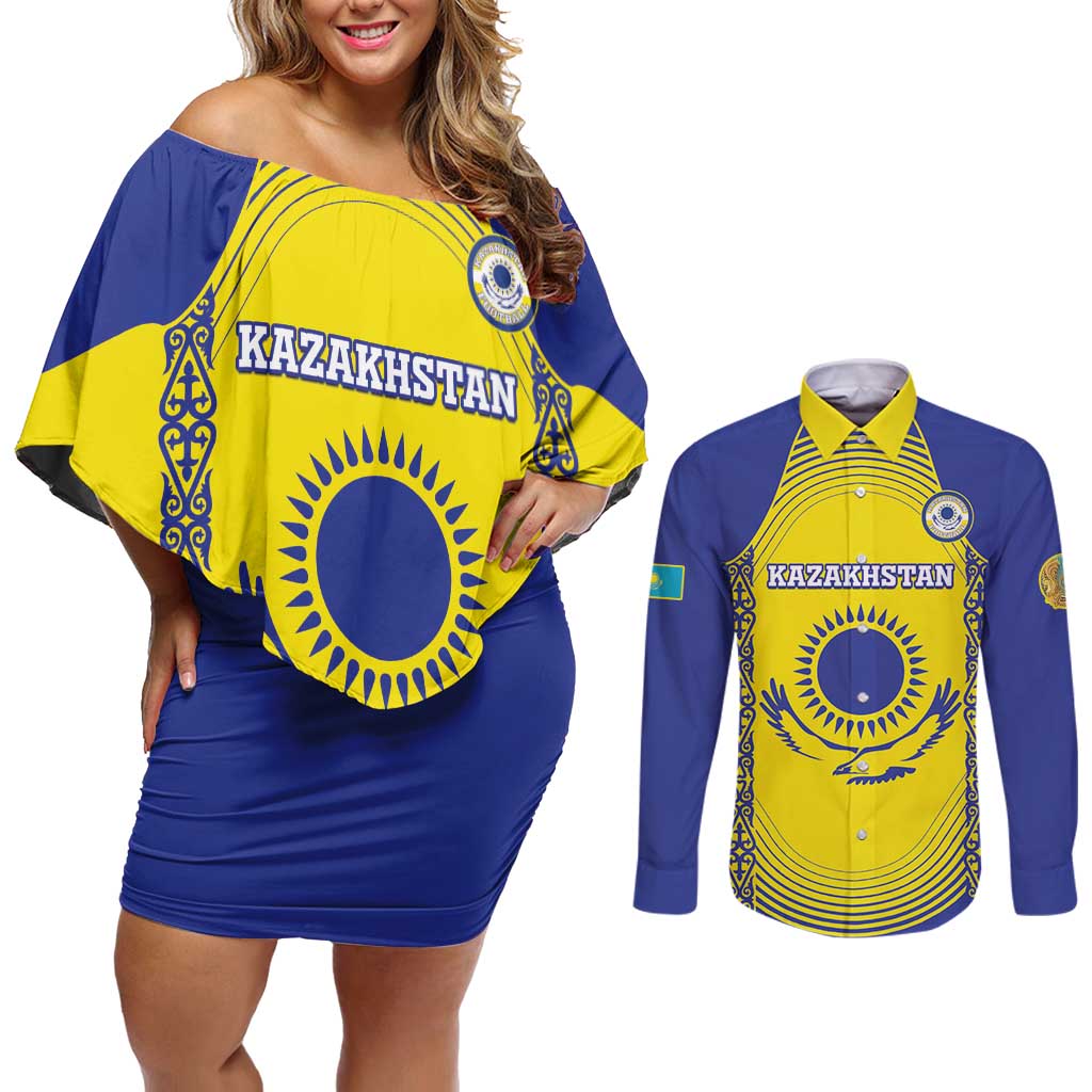 Custom Kazakhstan Football Couples Matching Off Shoulder Short Dress and Long Sleeve Button Shirt Go The Hawks - Wonder Print Shop