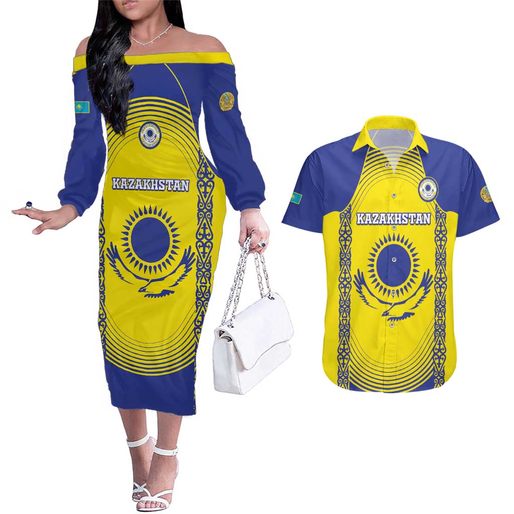 Custom Kazakhstan Football Couples Matching Off The Shoulder Long Sleeve Dress and Hawaiian Shirt Go The Hawks - Wonder Print Shop