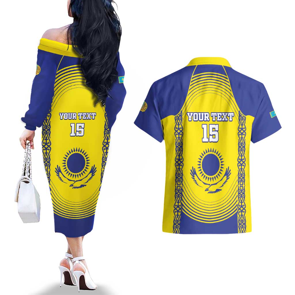 Custom Kazakhstan Football Couples Matching Off The Shoulder Long Sleeve Dress and Hawaiian Shirt Go The Hawks - Wonder Print Shop