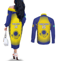 Custom Kazakhstan Football Couples Matching Off The Shoulder Long Sleeve Dress and Long Sleeve Button Shirt Go The Hawks