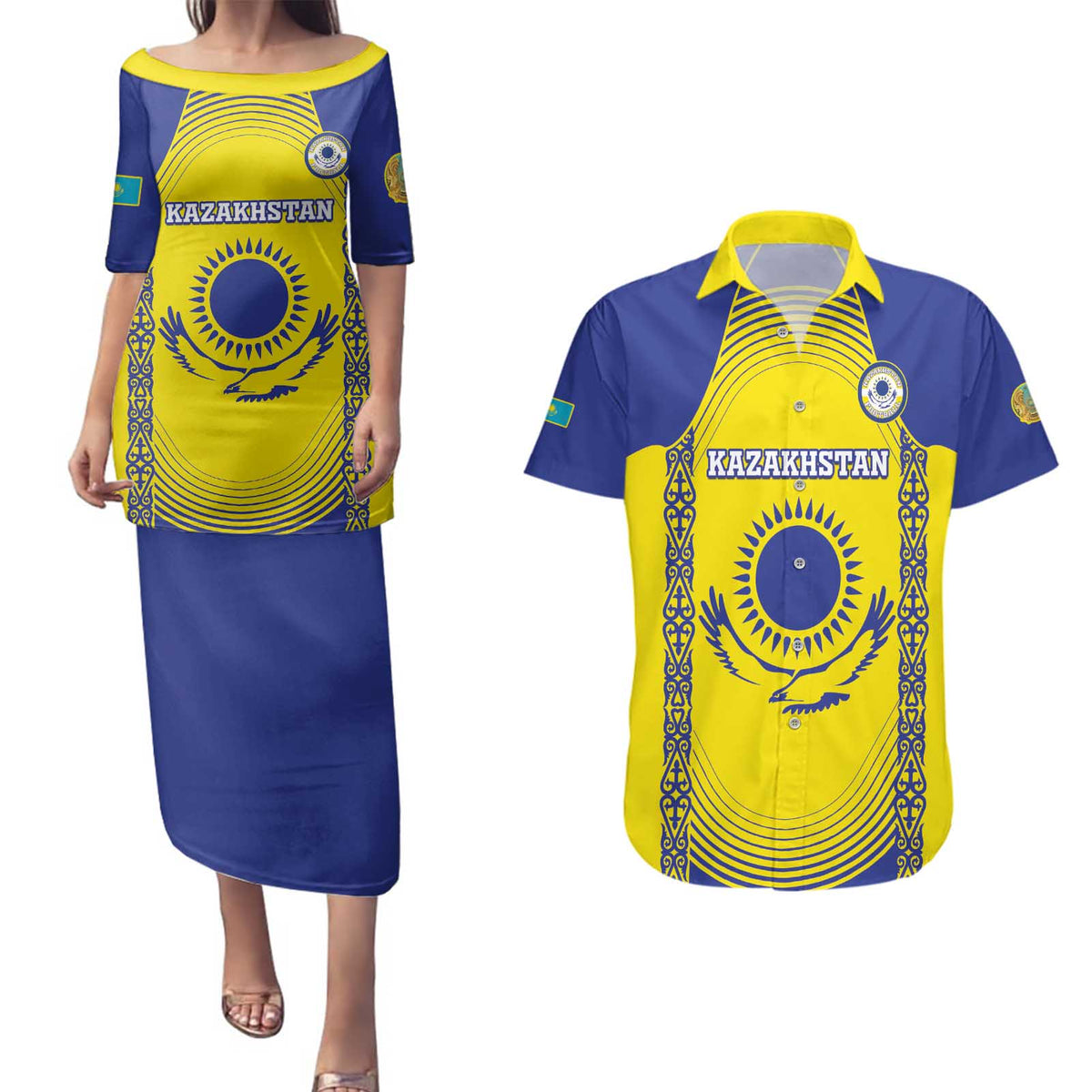 Custom Kazakhstan Football Couples Matching Puletasi and Hawaiian Shirt Go The Hawks - Wonder Print Shop