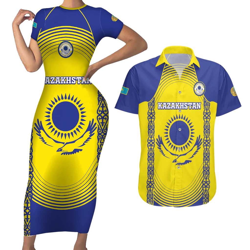 Custom Kazakhstan Football Couples Matching Short Sleeve Bodycon Dress and Hawaiian Shirt Go The Hawks - Wonder Print Shop