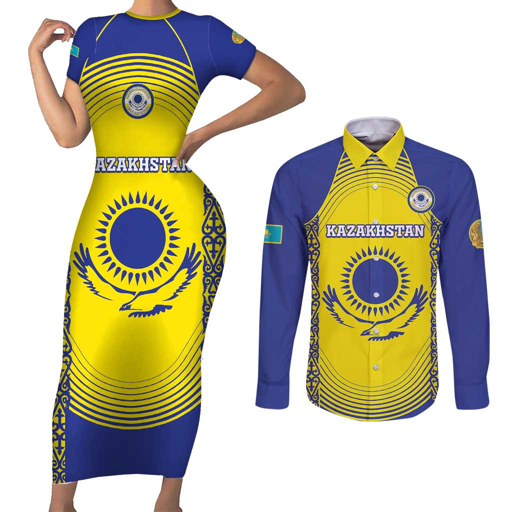 Custom Kazakhstan Football Couples Matching Short Sleeve Bodycon Dress and Long Sleeve Button Shirt Go The Hawks - Wonder Print Shop