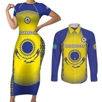 Custom Kazakhstan Football Couples Matching Short Sleeve Bodycon Dress and Long Sleeve Button Shirt Go The Hawks - Wonder Print Shop