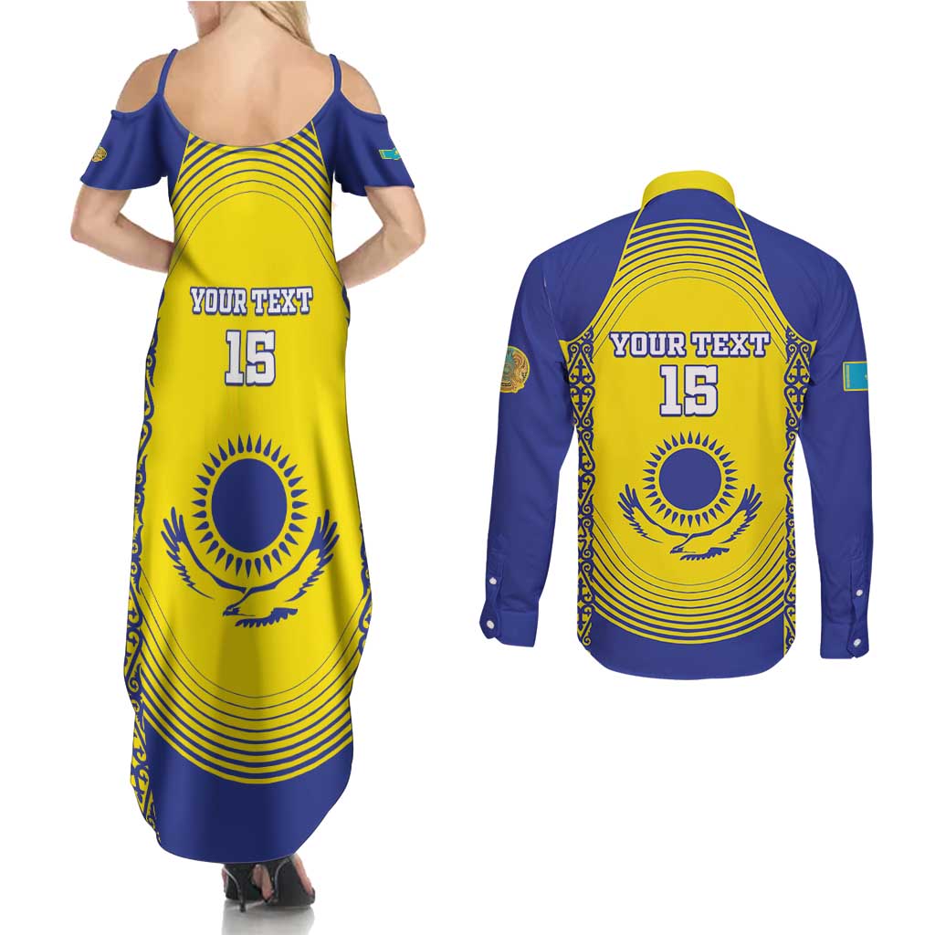 Custom Kazakhstan Football Couples Matching Summer Maxi Dress and Long Sleeve Button Shirt Go The Hawks - Wonder Print Shop