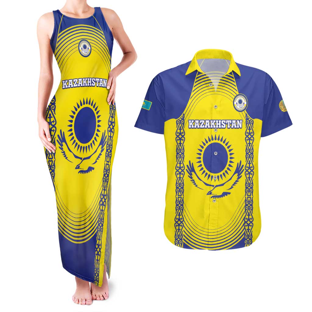 Custom Kazakhstan Football Couples Matching Tank Maxi Dress and Hawaiian Shirt Go The Hawks - Wonder Print Shop