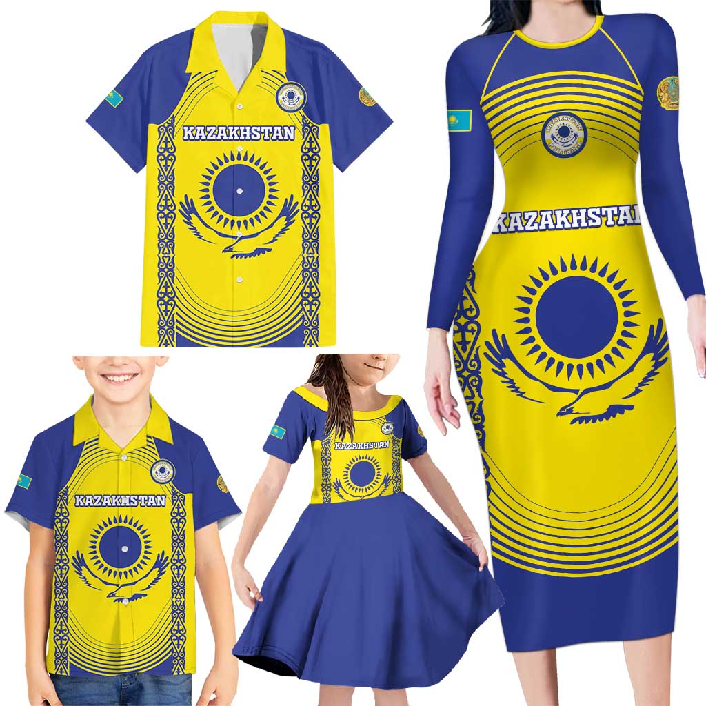 Custom Kazakhstan Football Family Matching Long Sleeve Bodycon Dress and Hawaiian Shirt Go The Hawks - Wonder Print Shop