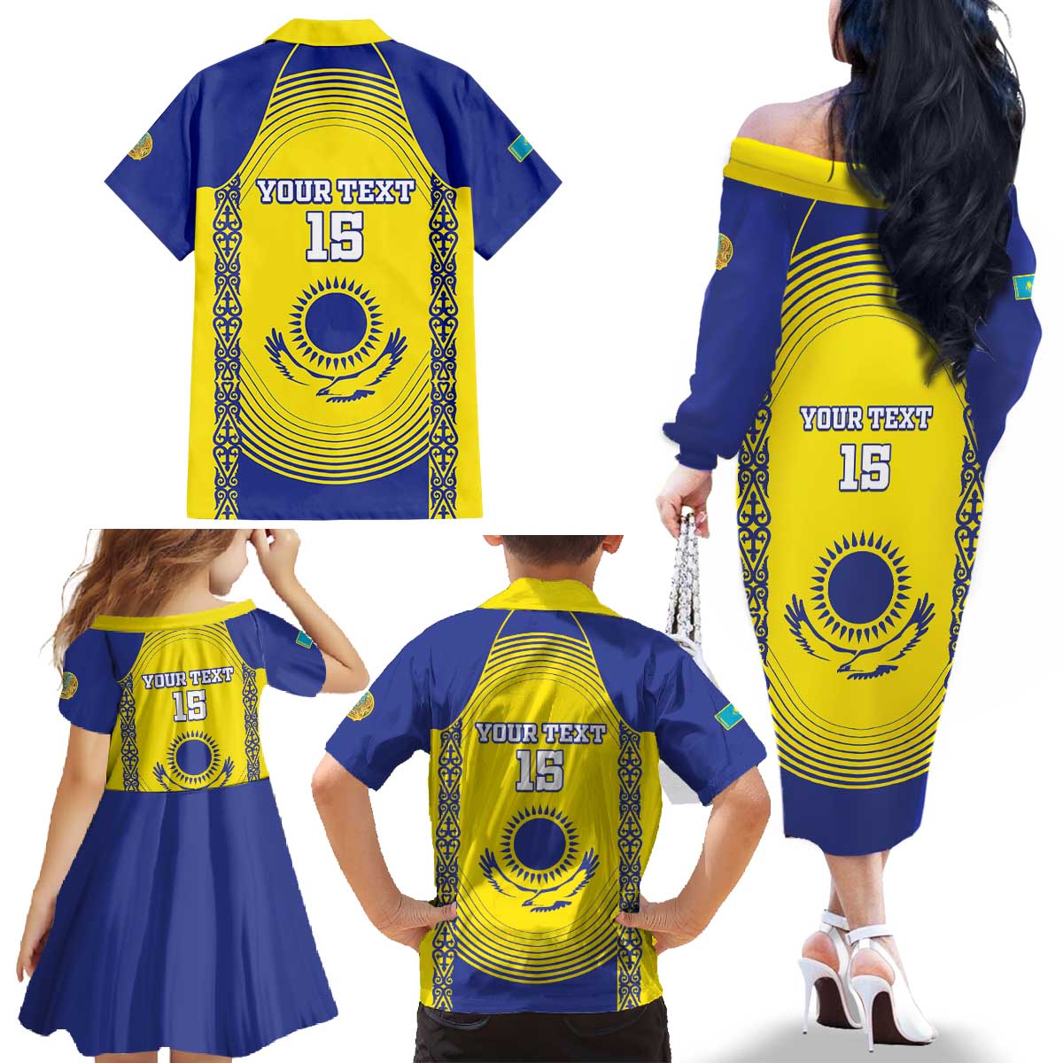 Custom Kazakhstan Football Family Matching Off The Shoulder Long Sleeve Dress and Hawaiian Shirt Go The Hawks - Wonder Print Shop