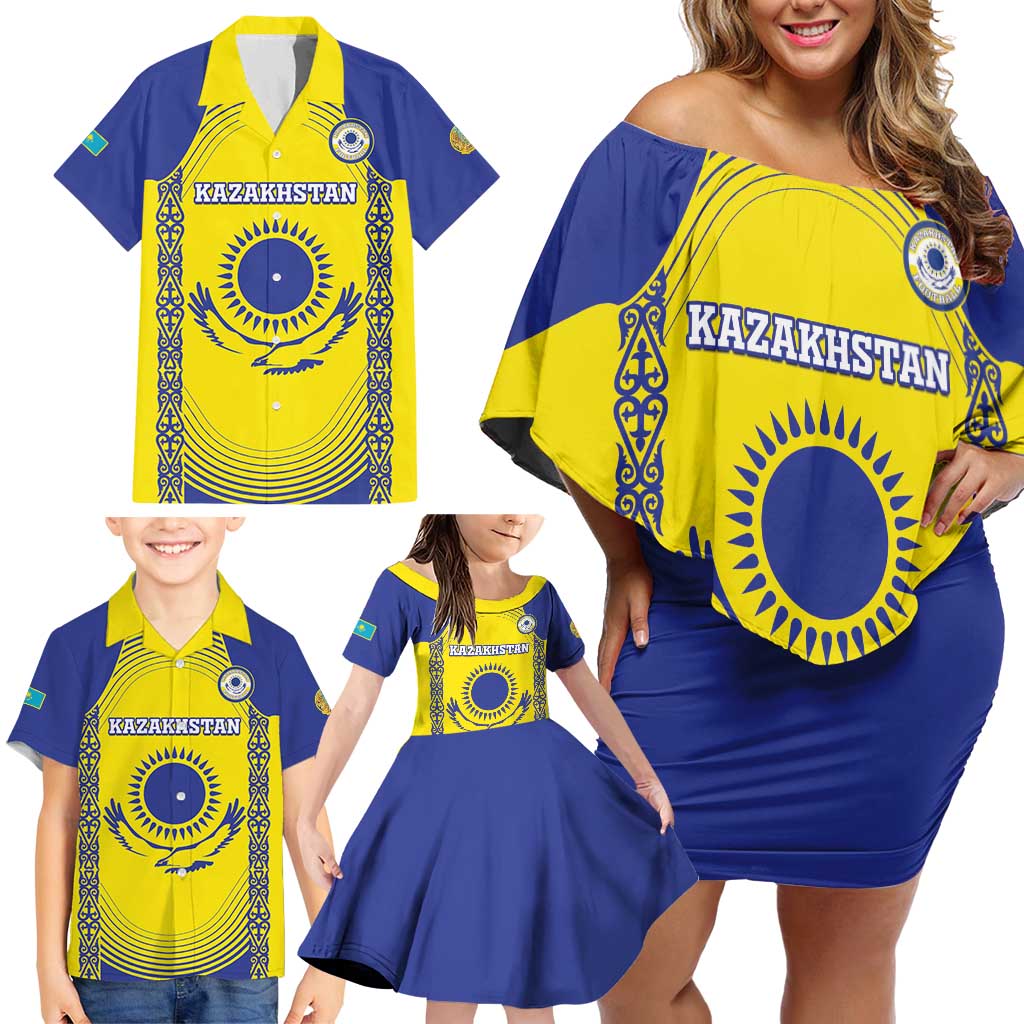 Custom Kazakhstan Football Family Matching Off Shoulder Short Dress and Hawaiian Shirt Go The Hawks - Wonder Print Shop