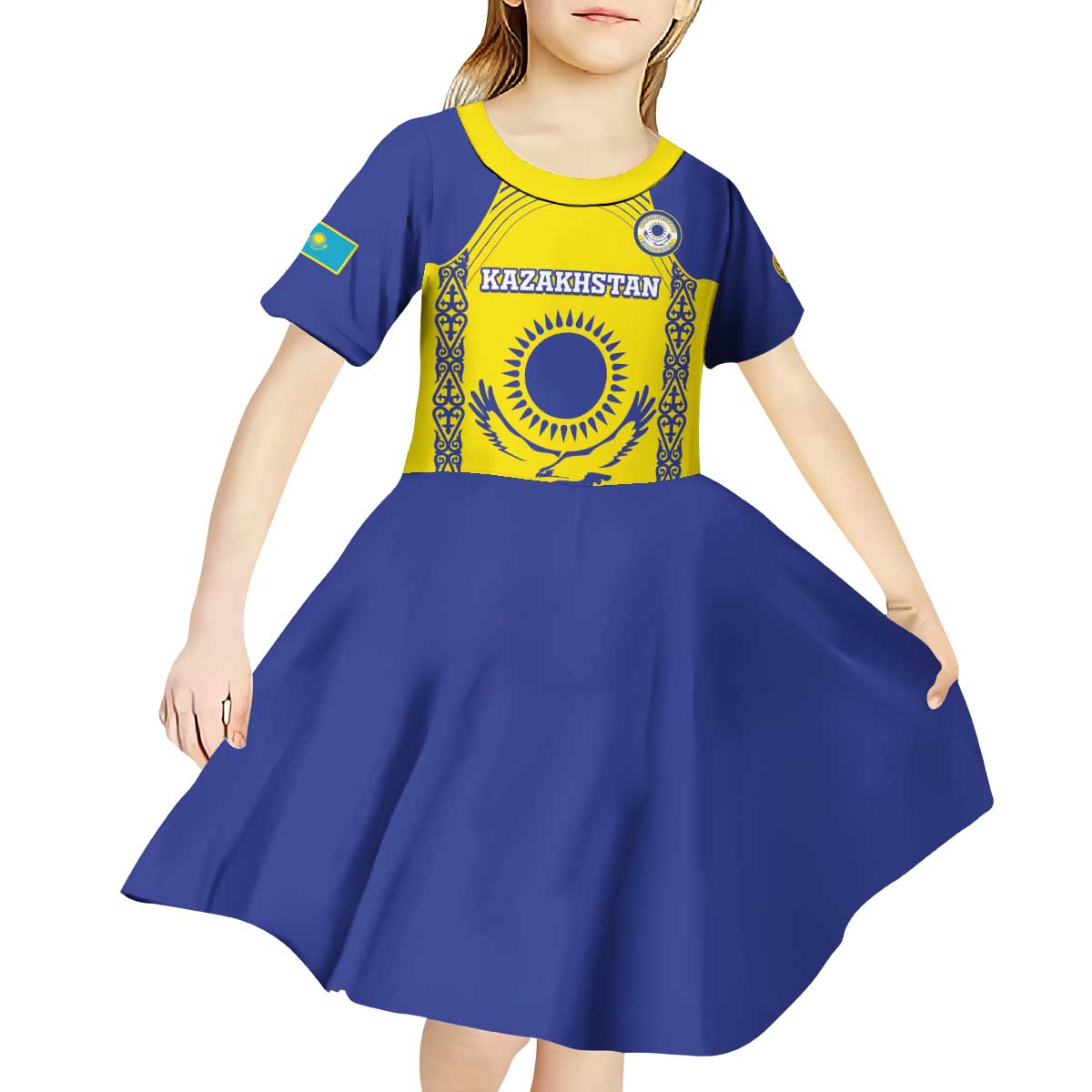 Custom Kazakhstan Football Kid Short Sleeve Dress Go The Hawks - Wonder Print Shop
