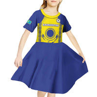Custom Kazakhstan Football Kid Short Sleeve Dress Go The Hawks - Wonder Print Shop