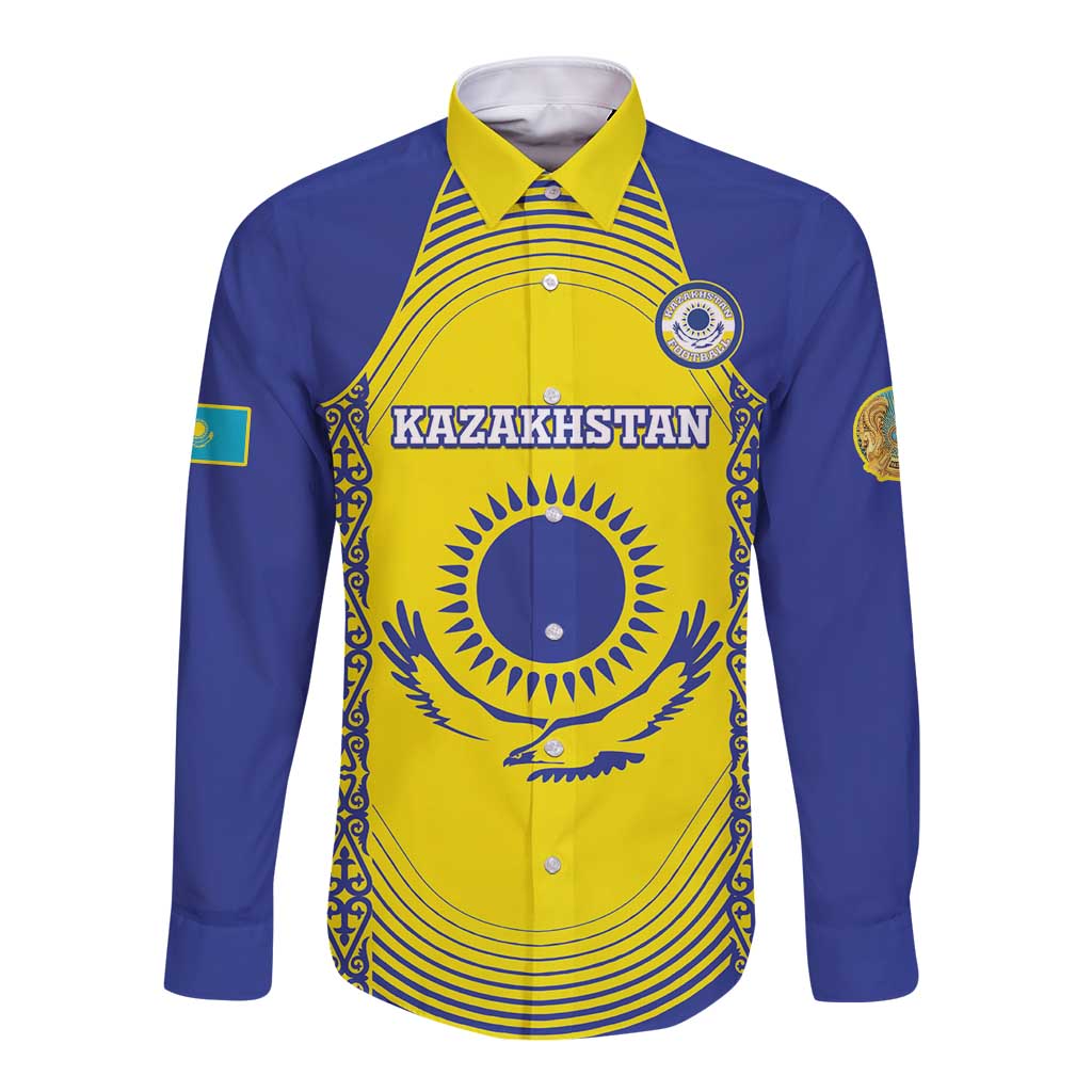 Custom Kazakhstan Football Long Sleeve Button Shirt Go The Hawks - Wonder Print Shop