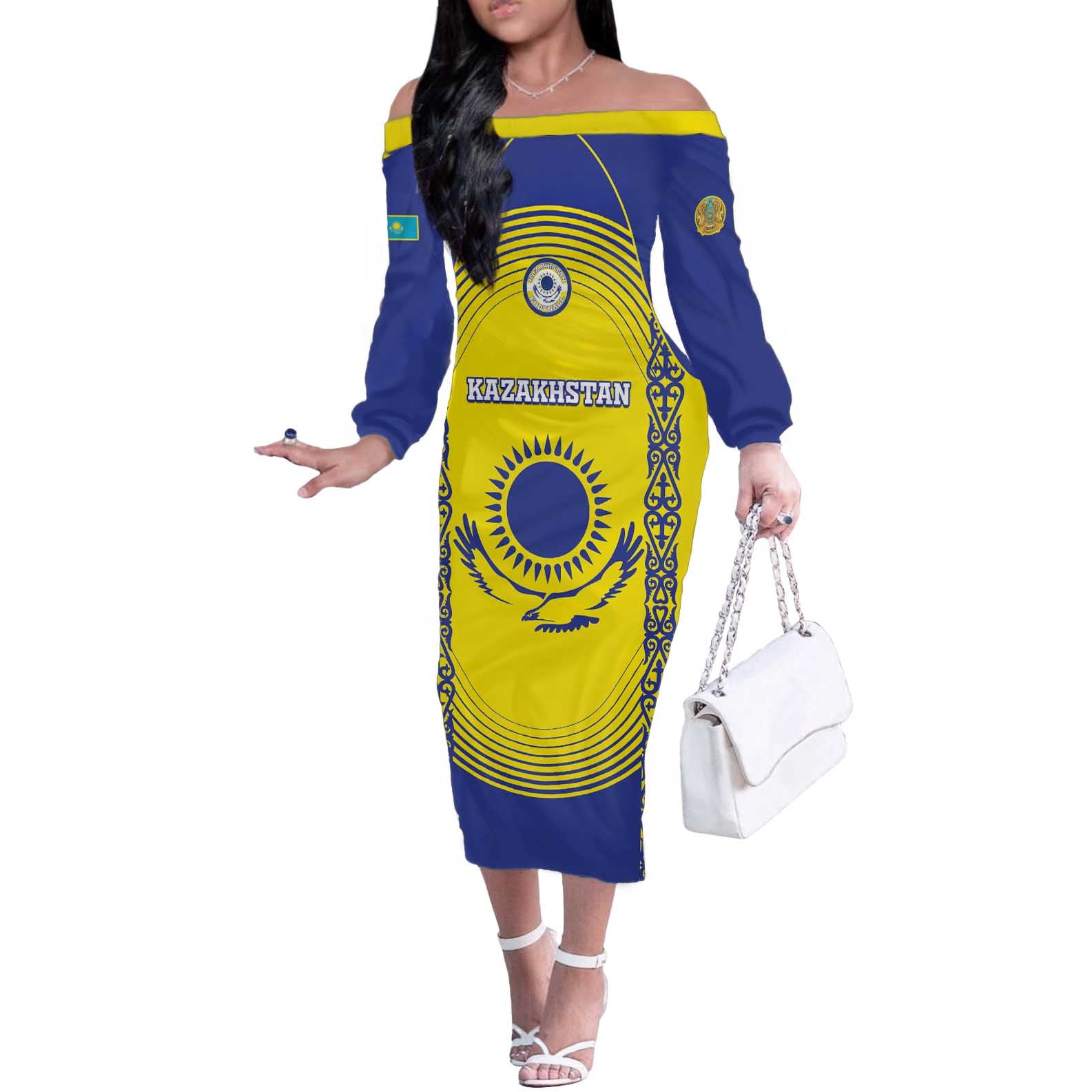 Custom Kazakhstan Football Off The Shoulder Long Sleeve Dress Go The Hawks - Wonder Print Shop