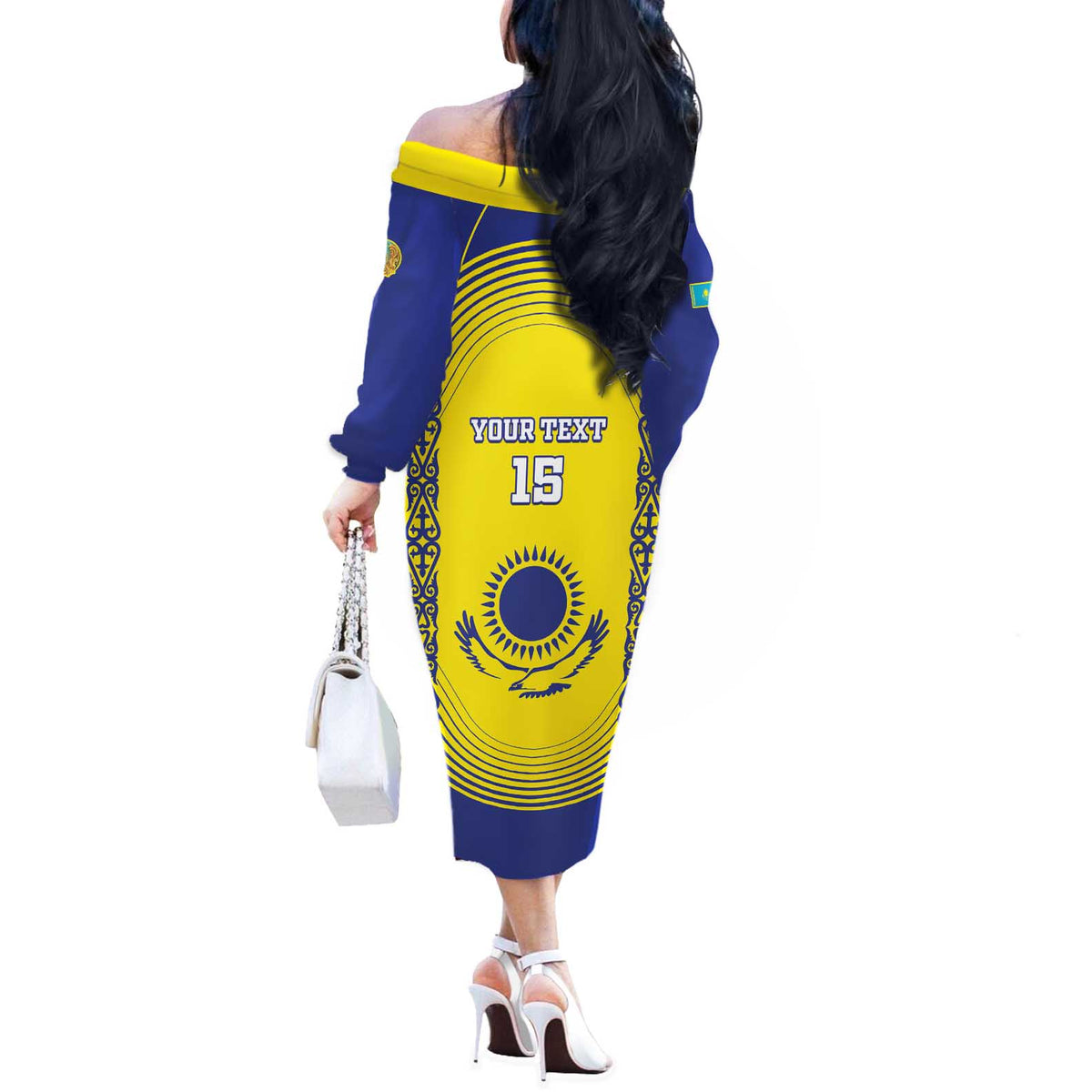 Custom Kazakhstan Football Off The Shoulder Long Sleeve Dress Go The Hawks - Wonder Print Shop