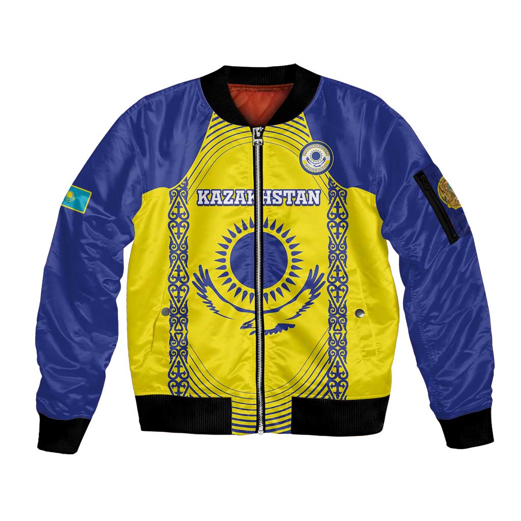 Custom Kazakhstan Football Sleeve Zip Bomber Jacket Go The Hawks - Wonder Print Shop
