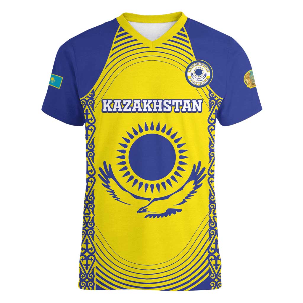 Custom Kazakhstan Football Women V-Neck T-Shirt Go The Hawks - Wonder Print Shop