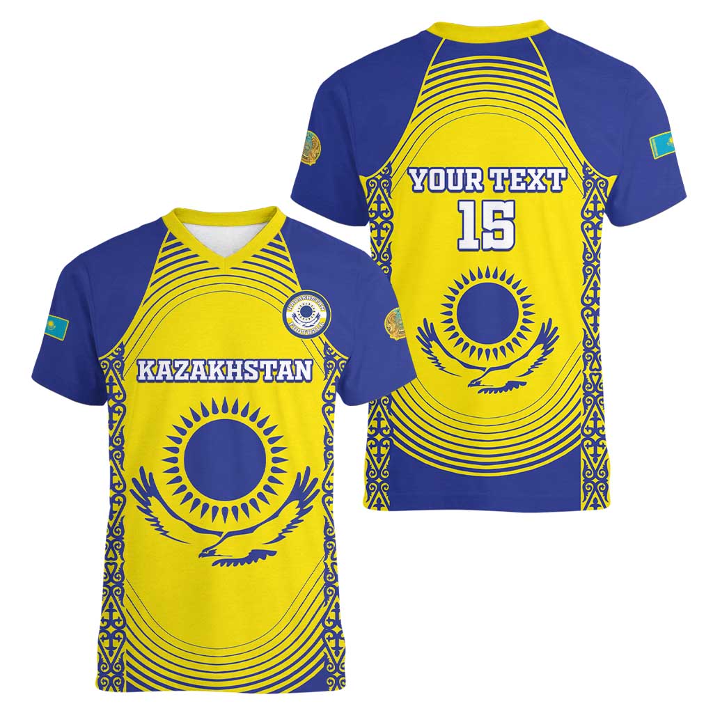 Custom Kazakhstan Football Women V-Neck T-Shirt Go The Hawks - Wonder Print Shop