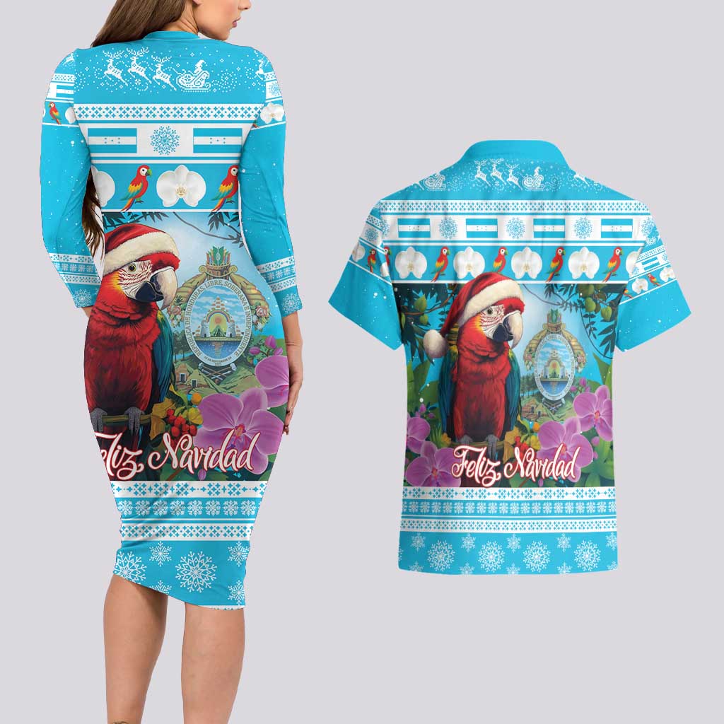 Honduras Christmas Couples Matching Long Sleeve Bodycon Dress and Hawaiian Shirt Scarlet Macaw With Feliz Navidad - Wonder Print Shop