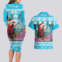 Honduras Christmas Couples Matching Long Sleeve Bodycon Dress and Hawaiian Shirt Scarlet Macaw With Feliz Navidad - Wonder Print Shop