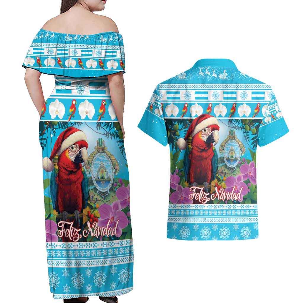 Honduras Christmas Couples Matching Off Shoulder Maxi Dress and Hawaiian Shirt Scarlet Macaw With Feliz Navidad - Wonder Print Shop