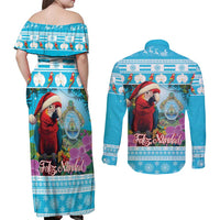 Honduras Christmas Couples Matching Off Shoulder Maxi Dress and Long Sleeve Button Shirt Scarlet Macaw With Feliz Navidad - Wonder Print Shop