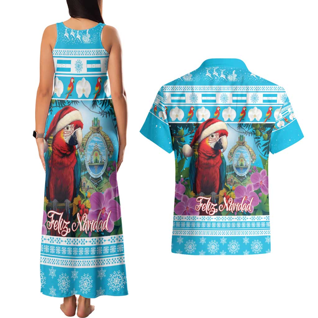 Honduras Christmas Couples Matching Tank Maxi Dress and Hawaiian Shirt Scarlet Macaw With Feliz Navidad - Wonder Print Shop