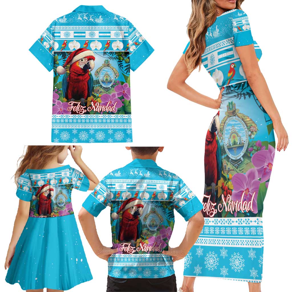 Honduras Christmas Family Matching Short Sleeve Bodycon Dress and Hawaiian Shirt Scarlet Macaw With Feliz Navidad - Wonder Print Shop