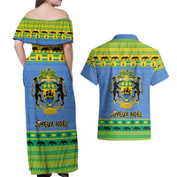 Gabon Christmas Couples Matching Off Shoulder Maxi Dress and Hawaiian Shirt Coat Of Arms Joyeux Noel - Wonder Print Shop