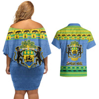 Gabon Christmas Couples Matching Off Shoulder Short Dress and Hawaiian Shirt Coat Of Arms Joyeux Noel - Wonder Print Shop