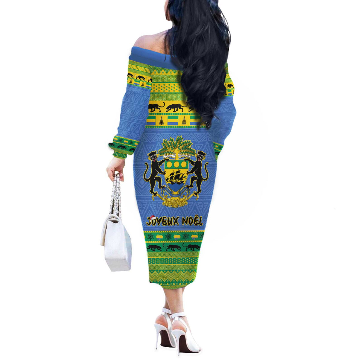 Gabon Christmas Off The Shoulder Long Sleeve Dress Coat Of Arms Joyeux Noel - Wonder Print Shop