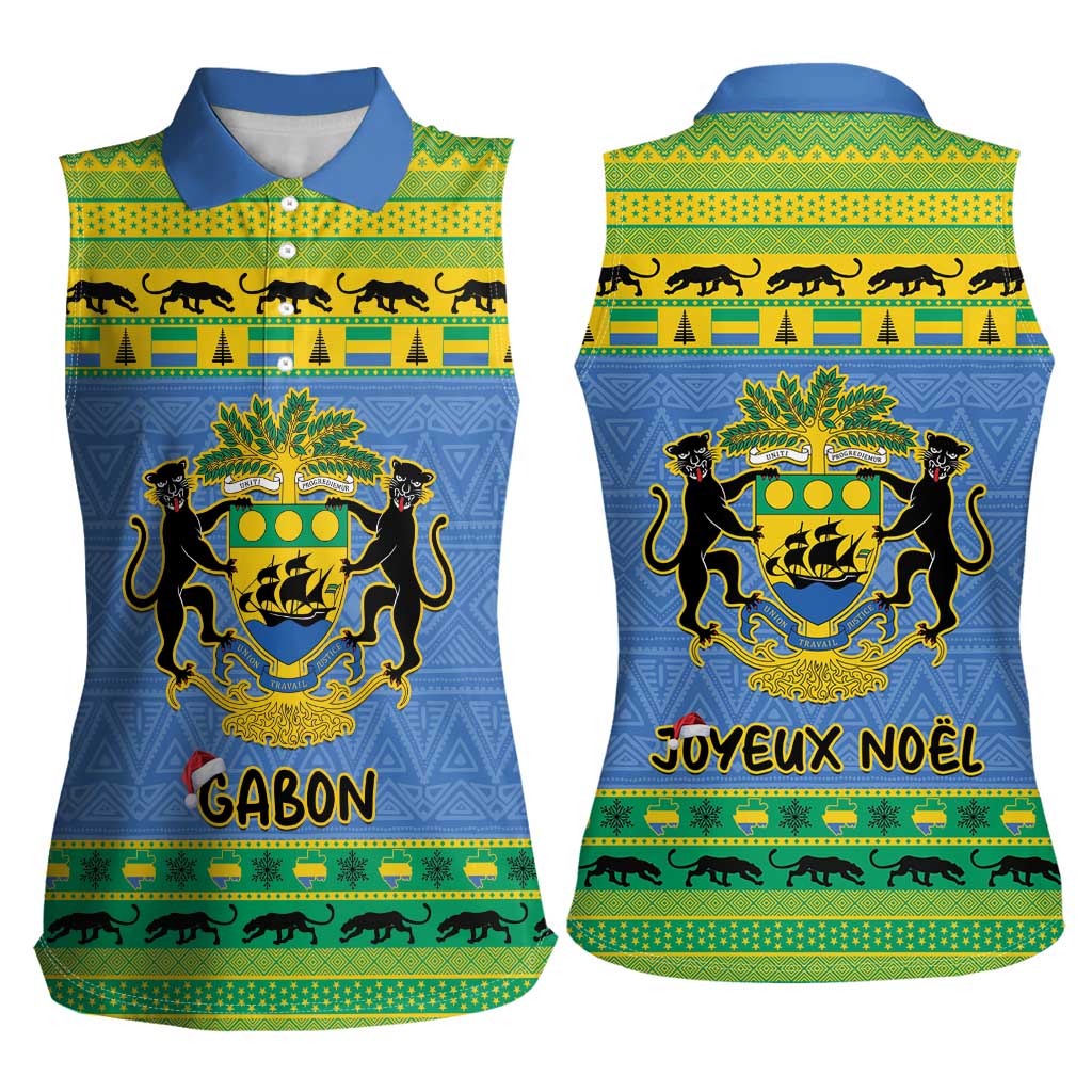 Gabon Christmas Women Sleeveless Polo Shirt Coat Of Arms Joyeux Noel - Wonder Print Shop