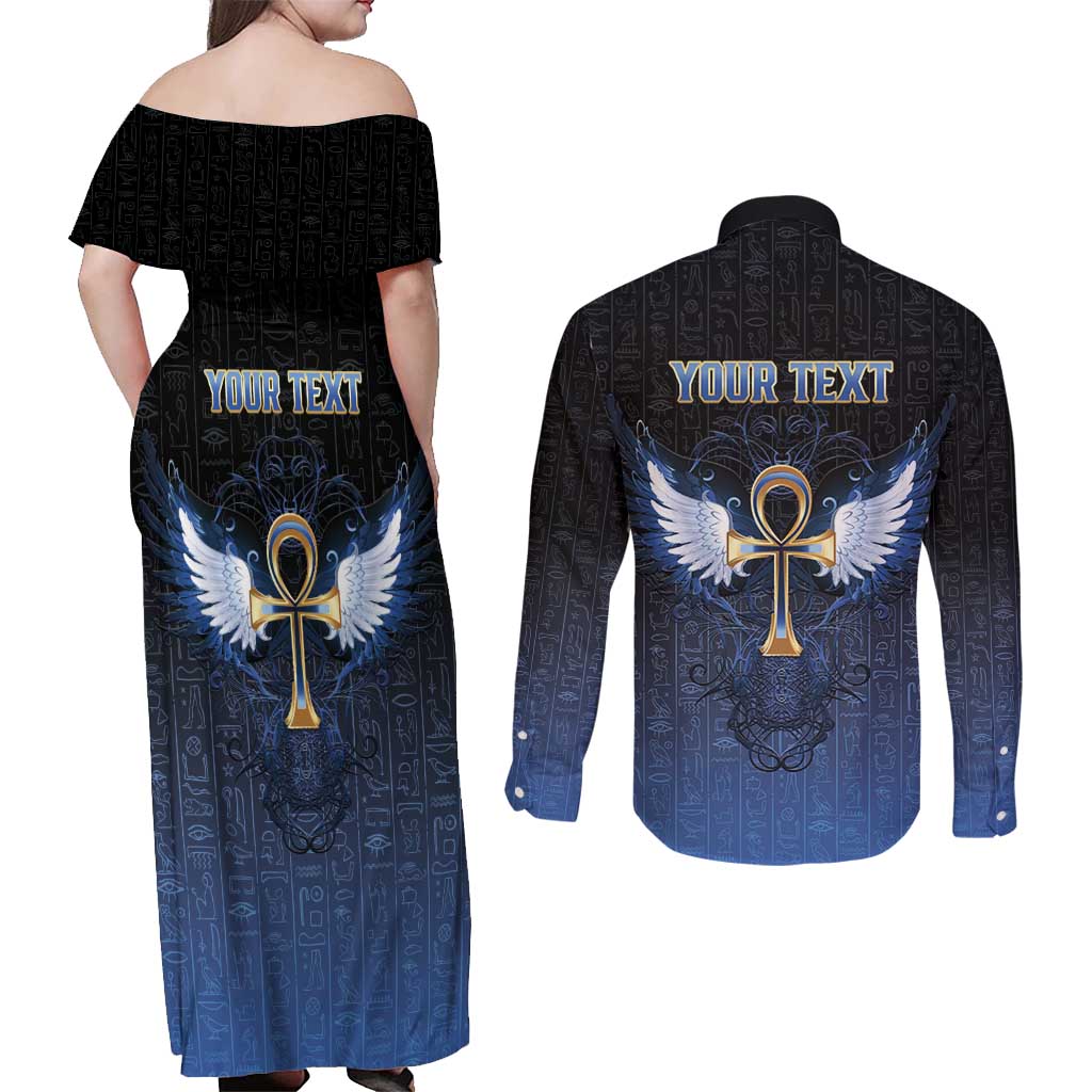 Personalised Egyptian Ankh Couples Matching Off Shoulder Maxi Dress and Long Sleeve Button Shirt Egypt Hieroglyphs Pattern