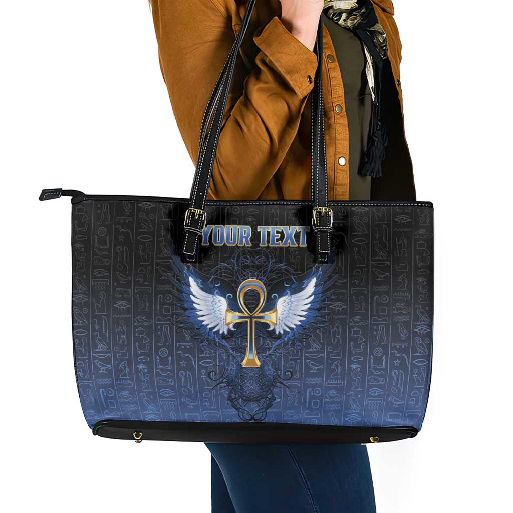 Personalised Egyptian Ankh Leather Tote Bag Egypt Hieroglyphs Pattern