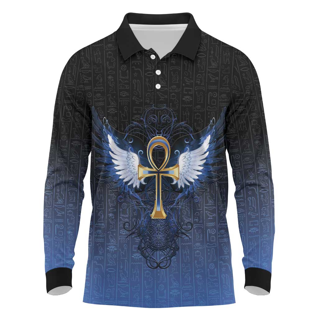 Personalised Egyptian Ankh Long Sleeve Polo Shirt Egypt Hieroglyphs Pattern