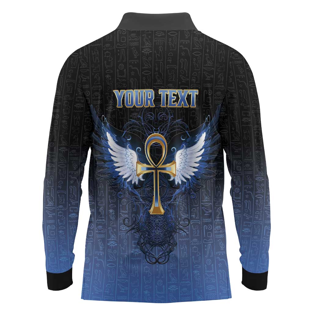 Personalised Egyptian Ankh Long Sleeve Polo Shirt Egypt Hieroglyphs Pattern