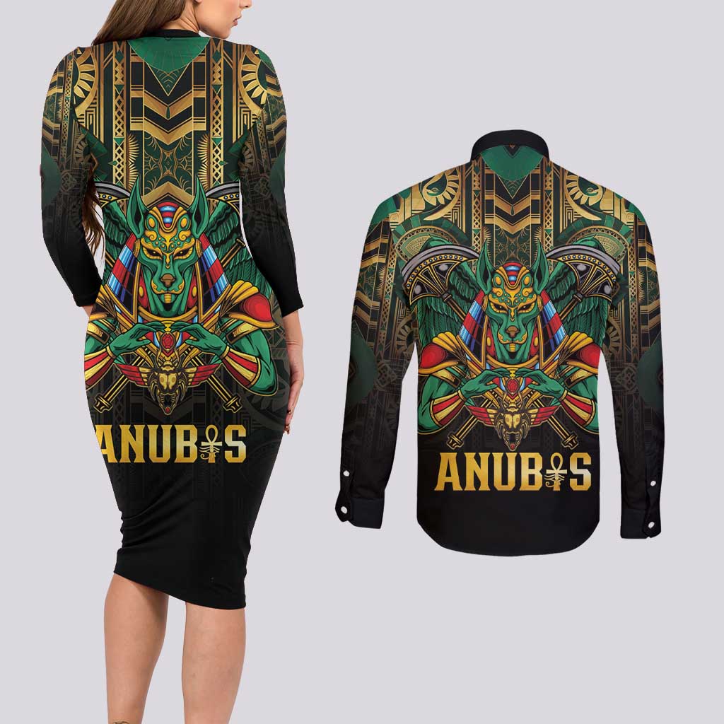 Egypt Anubis Couples Matching Long Sleeve Bodycon Dress and Long Sleeve Button Shirt Golden Ancient Egypt Pattern