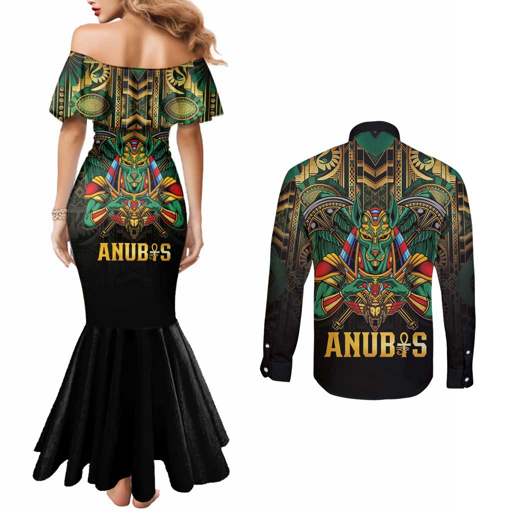 Egypt Anubis Couples Matching Mermaid Dress and Long Sleeve Button Shirt Golden Ancient Egypt Pattern