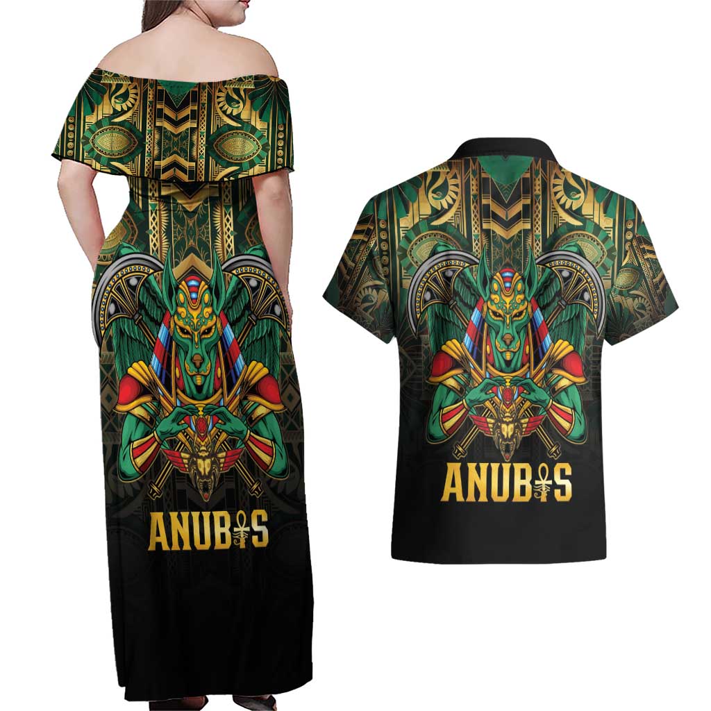 Egypt Anubis Couples Matching Off Shoulder Maxi Dress and Hawaiian Shirt Golden Ancient Egypt Pattern