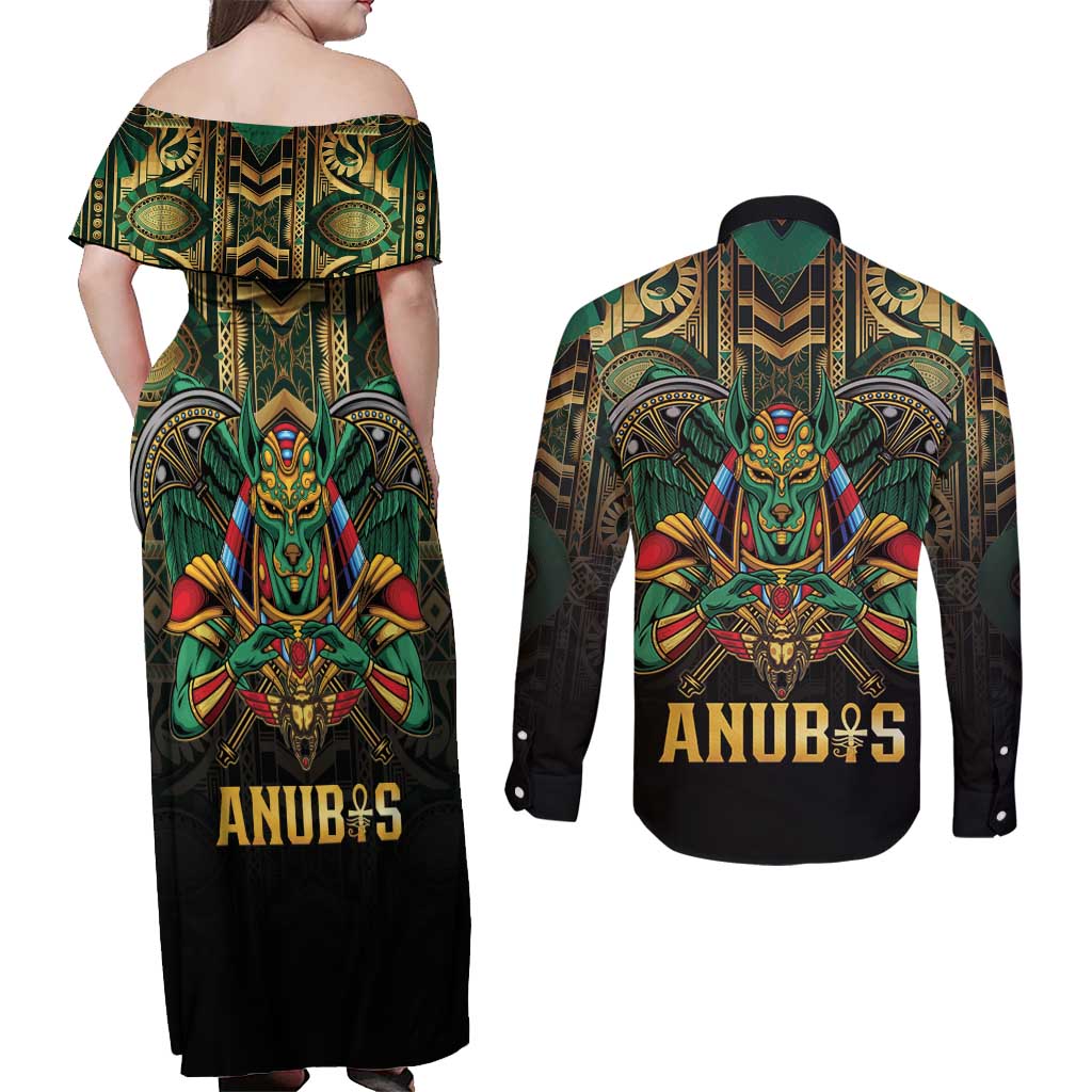 Egypt Anubis Couples Matching Off Shoulder Maxi Dress and Long Sleeve Button Shirt Golden Ancient Egypt Pattern