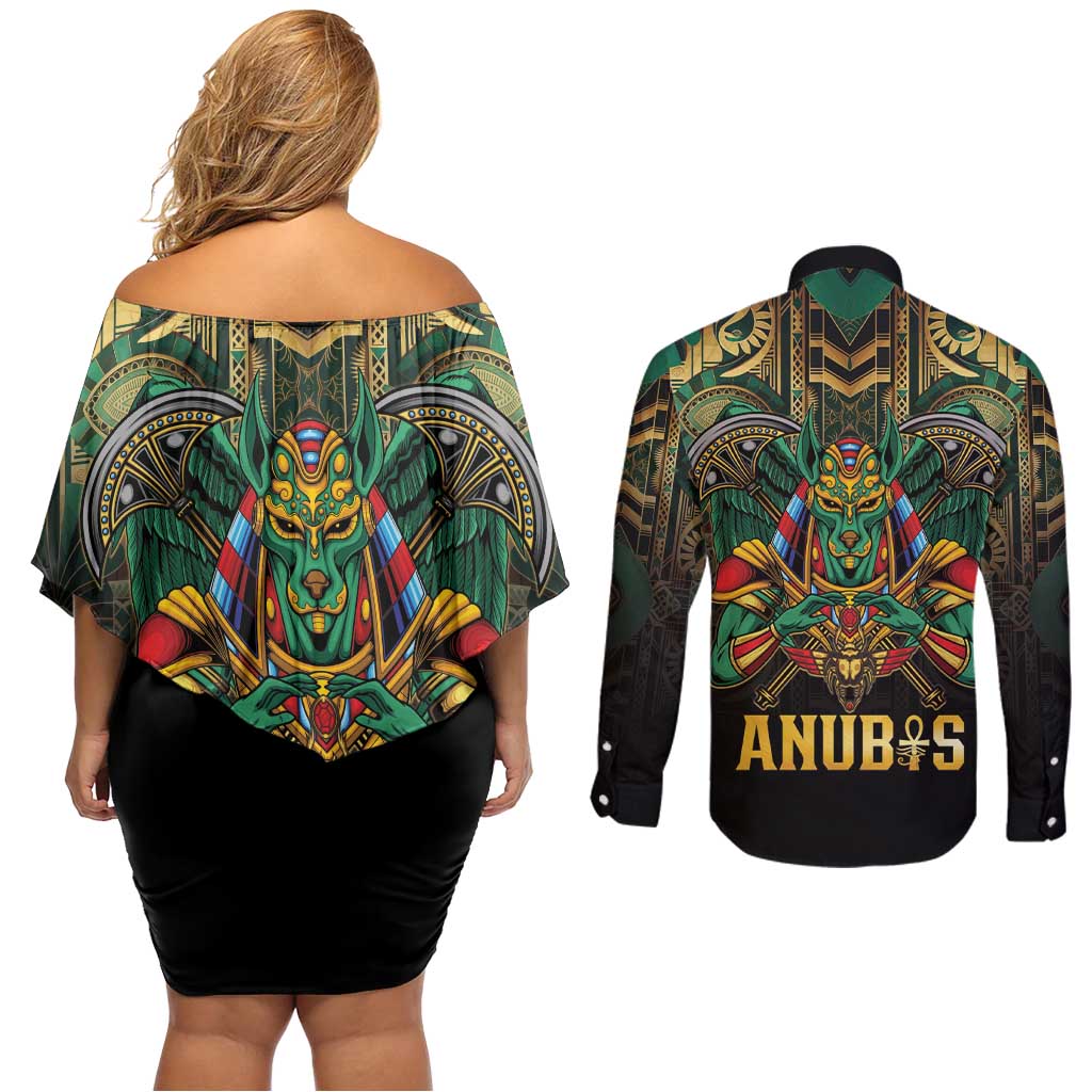 Egypt Anubis Couples Matching Off Shoulder Short Dress and Long Sleeve Button Shirt Golden Ancient Egypt Pattern