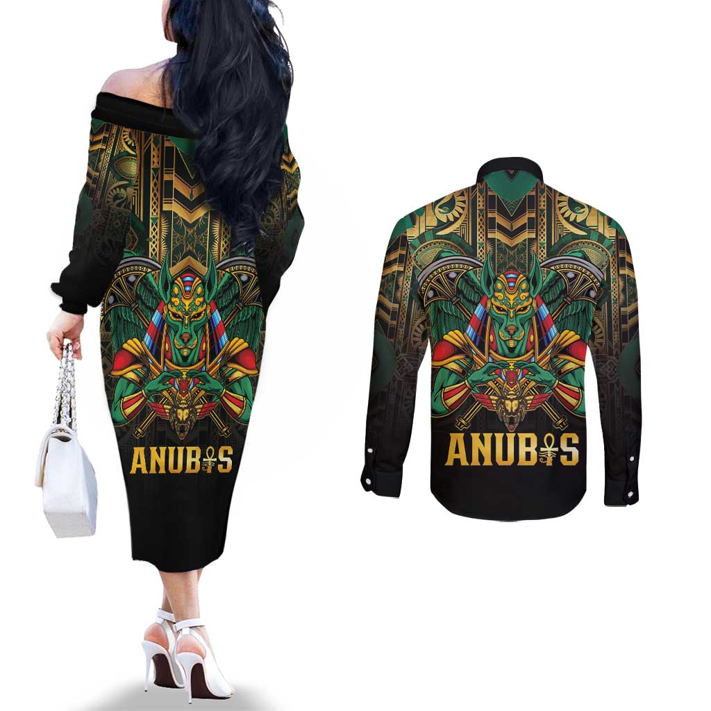 Egypt Anubis Couples Matching Off The Shoulder Long Sleeve Dress and Long Sleeve Button Shirt Golden Ancient Egypt Pattern