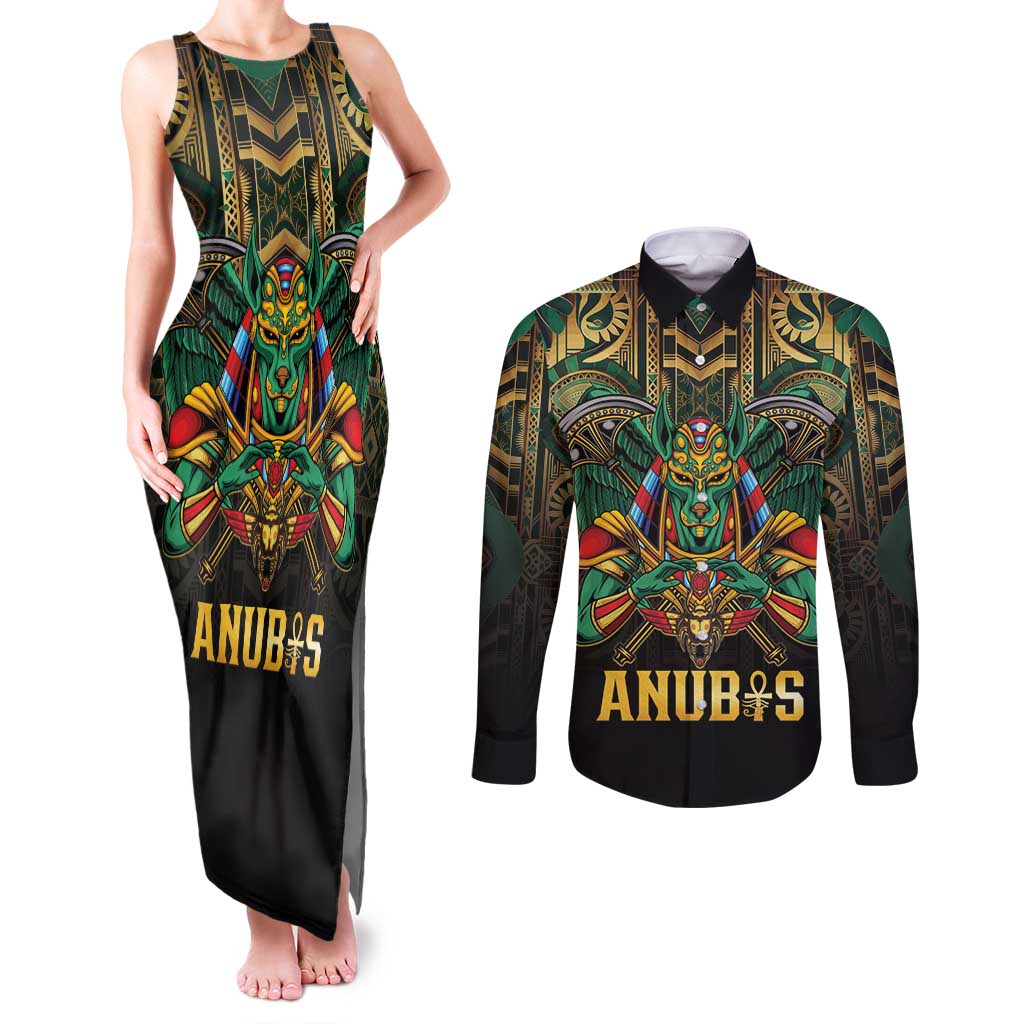 Egypt Anubis Couples Matching Tank Maxi Dress and Long Sleeve Button Shirt Golden Ancient Egypt Pattern