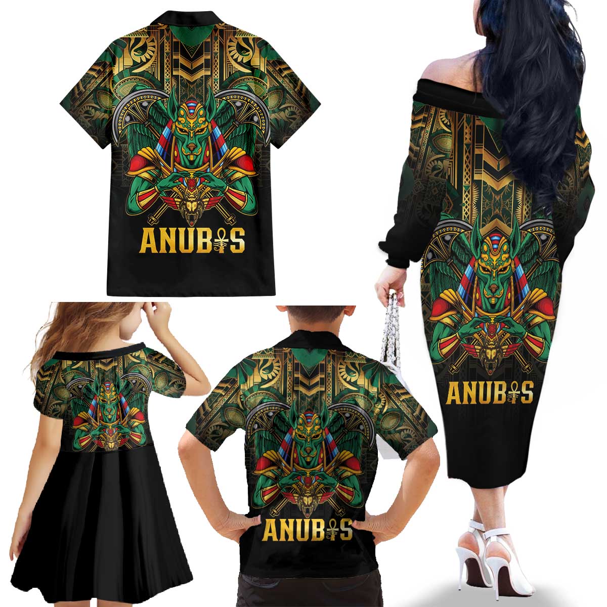 Egypt Anubis Family Matching Off The Shoulder Long Sleeve Dress and Hawaiian Shirt Golden Ancient Egypt Pattern