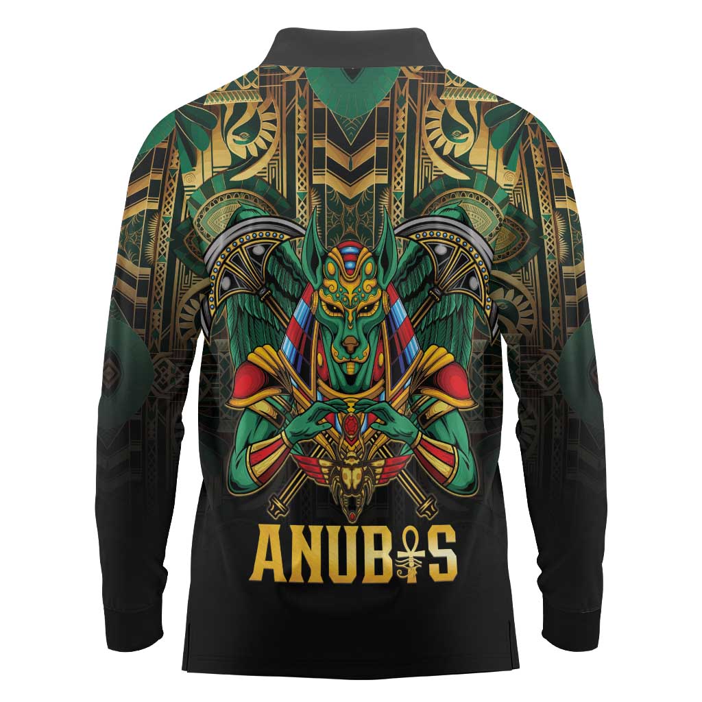 Egypt Anubis Long Sleeve Polo Shirt Golden Ancient Egypt Pattern